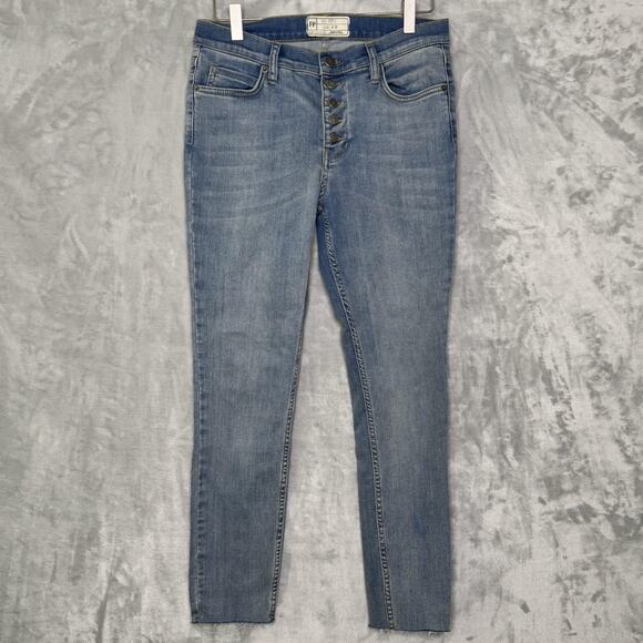 Free People Jeans Womens 28 Blue High Rise Skinny Button Fly Raw Hem Stretch - Picture 1 of 11